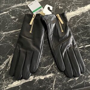 Michael Kors Black Leather Gloves with Gold Zipper size Large